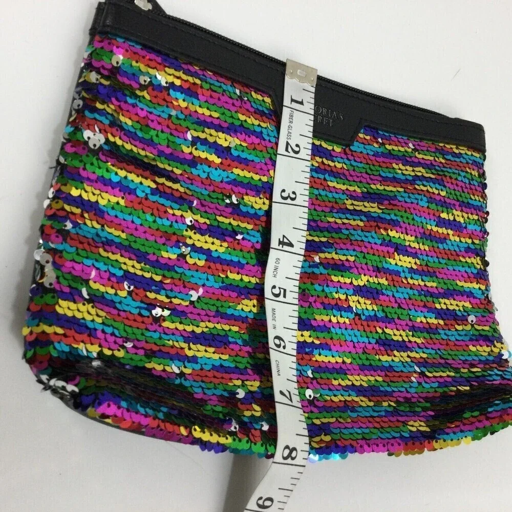 Victoria's Secret Black Silver Rainbow Sequin Makeup Cosmetic Bag Pouch Wristlet